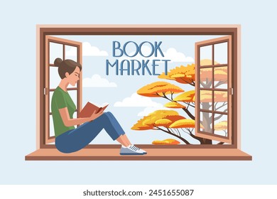 Cute woman reading a book while sitting near an open window with a landscape. Background for a bookstore. Education and recreation concept. Vector