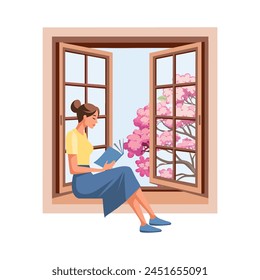 Cute woman reading a book while sitting near an open window with a landscape. Background for a bookstore. Education and recreation concept. Vector