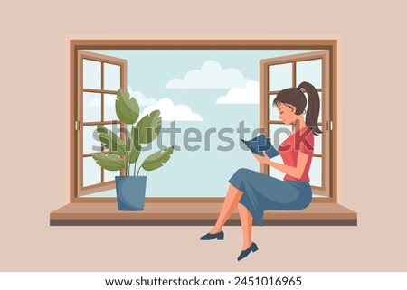 A cute woman is reading a book while sitting near an open window with a landscape. Illustration for a bookstore. Education and recreation concept. Vector