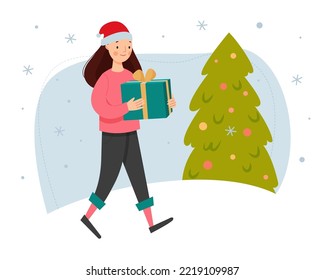 Cute woman in red hat walks with a big gift in her hands. Winter scene with christmas tree. Vector flat illustration.