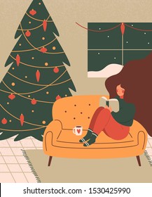 A Cute Woman Relaxes With A Book In A Cozy Living Room Decorated For Christmas Holiday. Colorful Vector Illustration In Flat Cartoon Style.