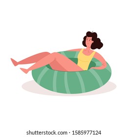 Cute woman relaxes in an inflatable rubber ring. Vector colorful illustration in cartoon style