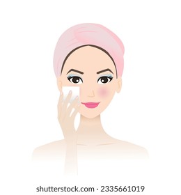 Cute woman remove makeup from face vector on white background. Step of makeup removal with remover cotton pad, removing powder, foundation, blush on from cheek. Skin care and beauty concept.