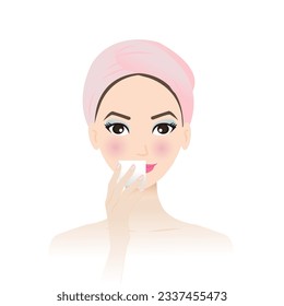 Cute woman remove makeup from face with  cotton pad vector on white background. Removing lipstick, lip color and lip liner from lip. Skin care and beauty concept illustration.