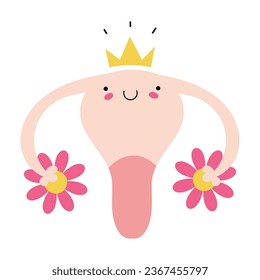 Cute woman reproductive organ wearing a crown, pink colored uterus. Isolated vector illustration