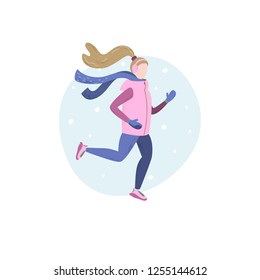 Cute woman running in winter cold season wearing winter running clothes. Handdrawn vector illustration
