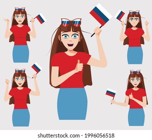 A cute woman with the Russian flag. A set of fan emotions. Vector illustration in cartoon style.