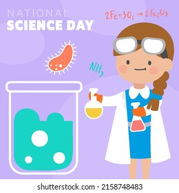Cute woman scientists in National Science day with science equipment in cartoon character for graphic designer, vector illustration