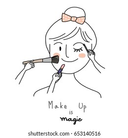 Cute woman with several hands holding brushes applying her makeup such as dabbing and shaping her eyebrow, painting her cheek, applying lipstick.  Vector illustration with hand-drawn style.