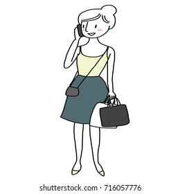 Cute woman with shopping bags talking on the phone. Vector illustration with hand-drawn style. 