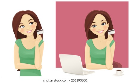 Cute woman shopping on line holding credit card