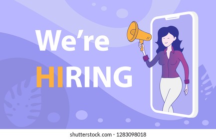 cute woman shouting on megaphone - we are hiring word vector illustration concept, template landing page, ui, web, mobile app, poster, banner, flyer, background
