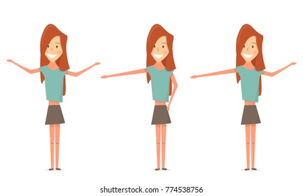 Cute woman. Shows hands and smiling. Standing in different poses.