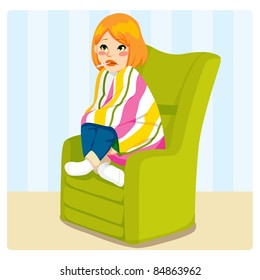 Cute woman sick with a thermometer on her mouth sitting on a green sofa chair with a blanket