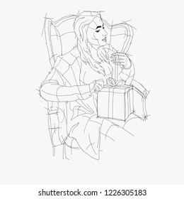 Cute woman sit in armchair. Girl open gift box. Hand drawn vector illustration on white background. 