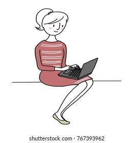 Cute woman sitting comfortably with a notebook computer on her lap. She typing keyboard and browsing internet for online shopping or working from home. Vector illustration with hand-drawn style. 