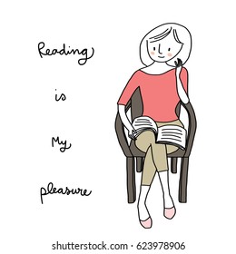 Cute woman sitting with her legs crossed and reading book. Vector illustration with hand-drawn style.