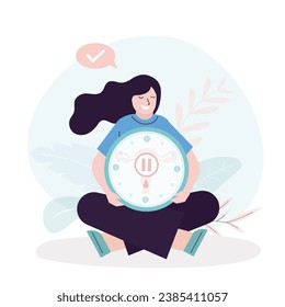 Cute woman sitting and holds biological clocks, limited fertility. Medical concept, feminine age. Menopause, climacteric. Women health. Menstrual periods. Uterus, clock and flowers. Aging process.