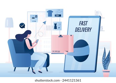 Cute woman is sitting at home in chair. Woman consumer buys online on smartphone. Fast delivery, hand gives parcel from mobile phone. E-commerce and customer relationships. Flat vector illustration