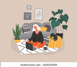 Cute woman sitting with laptop in cozy scandinavian home interior. Gadget addiction concept. Girl spending time online. Daily life of social media networks user. Cartoon vector illustration