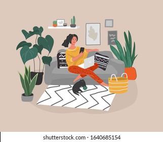 Cute woman sitting with laptop in cozy scandinavian home interior. Gadget addiction concept. Girl spending time online. Daily life of social media networks user. Cartoon vector illustration