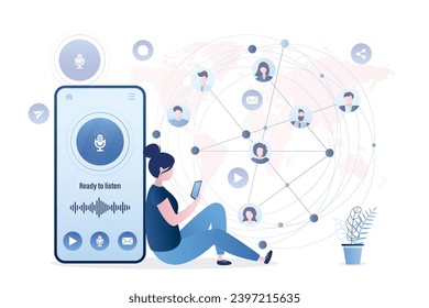 Kleine Frau, die in der Nähe eines großen Mobiltelefons sitzt. Smartphone mit Chat-App, Audio-Nachrichten. Globale Konversation, Sprachnachrichten, Online-Chat in Boten oder sozialen Netzwerken. Flache Vektorgrafik