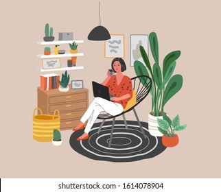 Cute woman sitting on chair with laptop in cozy scandinavian home interior. Girl working at home in home office. Daily life of freelance worker, everyday routine. Cartoon vector illustration