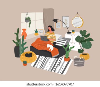 Cute woman sitting on chair with laptop in cozy scandinavian home interior. Girl with a cat relaxing at home. Daily life of young woman, everyday routine. Cartoon vector illustration