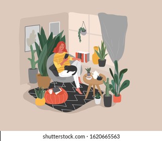 Cute woman sitting on chair with smartphone in cozy scandinavian home interior. Girl with a cat and coffee relaxing at home. Daily life of young woman, everyday routine. Cartoon vector illustration