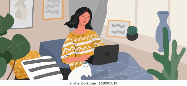 Cute woman sitting on chair with laptop in cozy scandinavian home interior. Girl with a cat relaxing at home. Daily life of young woman, everyday routine. Cartoon vector illustration