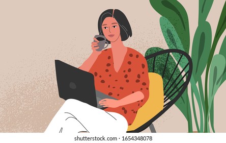 Cute woman sitting on chair with laptop in cozy scandinavian home interior. Girl working at home in home office. Daily life of freelance worker, everyday routine. Cartoon vector illustration