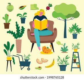 Cute woman sitting on chair with book in cozy  home interior. Daily life of freelance worker, everyday routine. Cartoon vector illustration in the flat style
