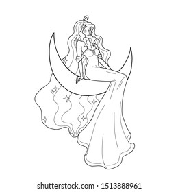 Cute woman sitting on moon with stars in hair. Coloring page illustration