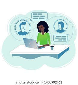 Cute woman sitting at the table with a laptop. Online communication with staff. The network team. Solution of work tasks. An instant messages for the manager. Video meeting.Cartoon vector illustration