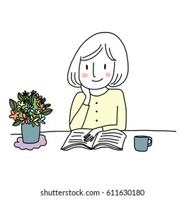 Cute woman sitting at table and reading book. Vector illustration with doodle style.