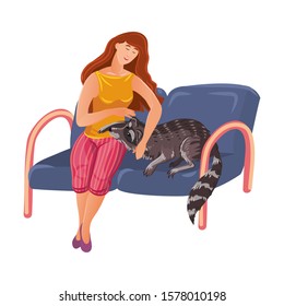The cute woman sitting in waiting hall with her raccoon expecting for visiting a doctor in vet clinic. Vector colorful illustration in cartoon style