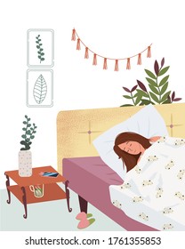 Cute woman sleeping on her side on comfortable bed. Female character falling asleep in bedroom. Young woman taking rest on cozy mattress. Healthy sleep. Flat cartoon colorful vector illustration.