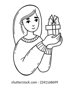 Cute woman with small gift box. Vector illustration. Line drawing doodle. Female holiday character for design