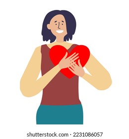 Cute woman smiling feels grateful for love care and support holding hands on chest show sincere feelings come from heart