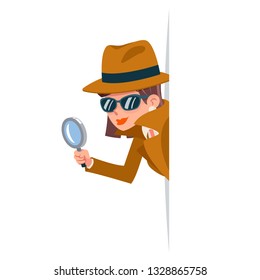 Cute woman snoop detective magnifying glass tec peeking out corner search help noir female character cartoon design isolated vector illustration