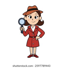 A cute woman snoop detective with a magnifying glass, dressed in a stylish trench coat and hat, curiously investigating clues with a playful and determined expression.