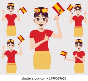 A cute woman with the Spanish flag. A set of fan emotions. Vector illustration in cartoon style