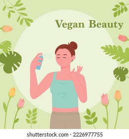 A cute woman is spraying mist on her face and replenishing moisture on her skin. Plants are decorated around her.