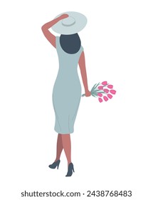 Cute woman with spring flowers in her hand. Beautiful woman in a gray dress and hat with a bouquet of pink tulips. Back view. Vector illustration