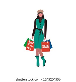 Cute woman standing with carrying shopping bags . Cartoon style vector illustration isolated on white background