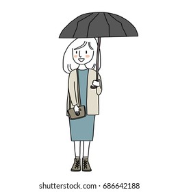 Cute woman standing and holding an umbrella. Vector illustration with hand-drawn style.