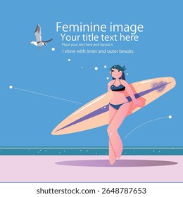 Cute woman standing on the beach surfing