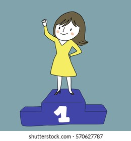 Cute woman standing on winner podium and holding fist up to the air. Portrait of businesswoman raising arm on top of stairs of success. Vector illustration with doodle style.