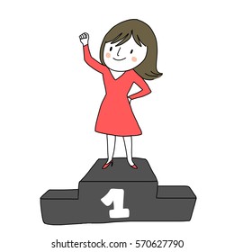 Cute woman standing on winner podium and holding fist up to the air. Portrait of businesswoman raising arm on top of stairs of success. Vector illustration with doodle style.