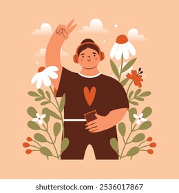 Nette Frau, die in Sportbekleidung steht, Kopfhörer hält, Smartphone hält und v-gest der Hand zeigt. Naive Illustration im modernen Flachstil mit weiblichem Charakter unter Blumen, Pflanzen, Blättern, Wolken.